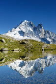Mont Blanc-Gruppe mit Aiguille Verte und Grand Dru spiegelt sich in Bergsee, Mont Blanc-Gruppe, Mont Blanc, Chamonix, Savoyen, Frankreich