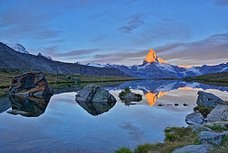 Matterhorn spiegelt sich in Bergsee, Walliser Alpen, Wallis, Schweiz