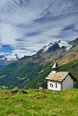 Chapel in front of Mischabel range, Pennine Alps, Valais, Switzerland