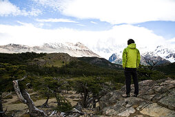 Mann betrachtet Fitz Roy Massiv, El Chalten, Patagonien, Argentinien
