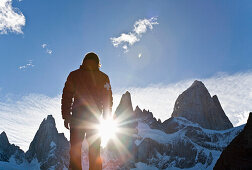 Man enjoying sunset at Fitz Roy Massif, El Chalten, Patagonia, Argentina