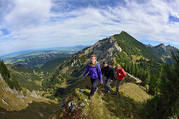 Young woman and two young men ascending on a ridge to Aggenstein, Aggenstein, Tannheim range, Tyrol, Austria