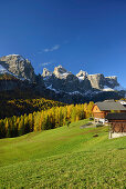 Farmhouse in front of Sella range, Dolomites, UNESCO World Heritage Site Dolomites, South Tyrol, Italy