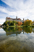 Sigmaringen Castle under clouded sky, Sigmaringen, Swabian Alp, Baden-Wuerttemberg, Germany, Europe