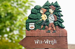 Wii-Wegli hiking sign, Efringen-Kirchen, Markgraeflerland, Black Forest, Baden-Wuerttemberg, Germany, Europe