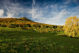 View over meadows onto Hohenzollern Castle, Hechingen, Swabian Alp, Baden-Wuerttemberg, Germany, Europe