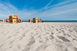 Sandy beach with hooded beach chairs, Scharbeutz, Schleswig Holstein, Germany