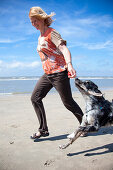 Woman playing with a dog on beach, Zandvoort, North Holland, Netherlands