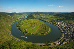 View from the vineyard Bremmer Calmont to the sinuosity, near Bremm, Mosel river, Rhineland-Palatinate, Germany