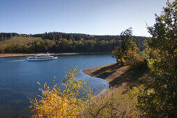 Excursion ship at Sorpe Dam, near Sundern, Sauerland region, North Rhine-Westphalia, Germany