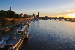 View over the river Elbe towards the barock historic city of Dresden, Bruehls Terrace and Frauenkirche, Dresden, Saxony, Germany