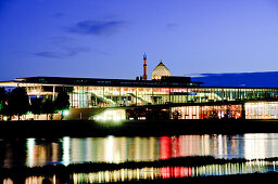 River Elbe, congress center and Yenidze at night, Dresden, Saxony, Germany