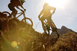 Zwei Freeride Mountainbiker im Gelände, Chatel, Haute-Savoie, Frankreich