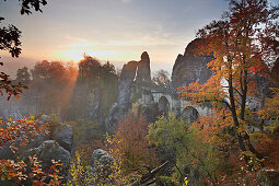 View of the Bastei at sunrise, Saxon Switzerland National Park, Elbe Sandstone Mountains, Saxony, Germany