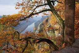 View from the Bastei towards the river Elbe, Saxon Switzerland National Park, Elbe Sandstone Mountains, Saxony, Germany