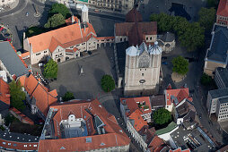 Aerial view of Brunswick with old town square with lion statue, cathedral St. Blasii and town hall, Brunswick, Lower Saxony, Germany