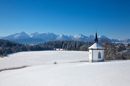 Chapel with with view towards the Allgaeu Alps, Allgaeu, Bavaria, Germany