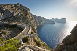 Coastal highway MA-2210 to Cap de Formentor, Cala Figuera bay on the right, Formentor Peninsula, north coast, Mallorca, Balearic Islands, Spain