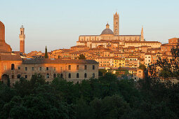 Cityscape with Torre del Mangia bell tower, town hall and Duomo Santa Maria cathedral, Siena, UNESCO World Heritage Site, Tuscany, Italy, Europe