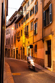 Motorroller fährt durch eine Gasse in der Altstadt, Verona, Venetien, Italien