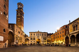 Piazza dei Signori with Dante monument and and Torre dei Lamberti, Verona, Veneto, Italy