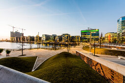 Moderne architecture in the twilight, Kaiserkai, view to the Grasbrook harbour in the HafenCity, Hamburg, Germany