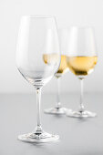 Zwei Glas Weißwein und ein leerer Glas, Hamburg, Norddeutschland, Deutschland