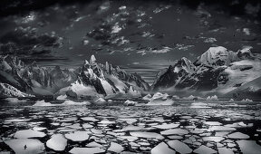 Penguin, ice bergs and landscape panorama, Antarctic Peninsula, Antarctica