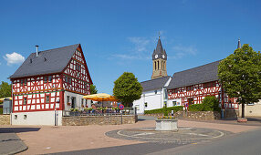 Half-timbered house in Elz with Café, Westerwald, Hesse, Germany, Europe