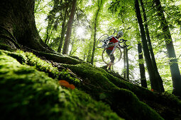 Mann bei einer Cyclocross-Tour im Herbst, trägt Fahrrad über der Schulter, Oberambach, Münsing, Bayern, Deutschland