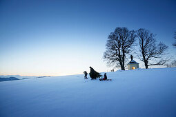 Father with two children carrying Christmas tree through snow, Degerndorf, Munsing, Upper Bavaria, Germany