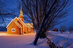 Flakstad church in the evening light, Flakstadoya, Lofoten, Nordland, Norway