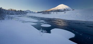 Winter landscape near Leknes, Lakselva river, Holandsmelen mountain, Vestvagoya, Lofoten, Nordland, Norway