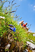 Wanderer beim Aufstieg über Ghackte zum Hochschwabgipfel, Steiermark, Österreich