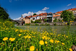 View over river Mur to old town, Murau, Styria, Austria