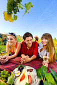 Drei junge Leute bei einem Picknick, Weingarten Gamlitz, Steiermark, Österreich