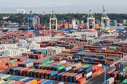 View of the block storage and the Container Terminal Burchardkai towards Hamburg, Hamburg, Germany