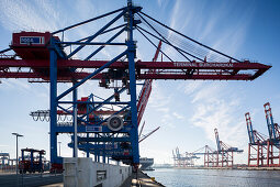 Overview of the landing stages at the Container Terminal Burchardkai in Hamburg, Germany