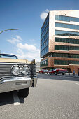 New office buildings and oldtimer event in front of Hafenbahnhof, corner of Elbstrasse and Kaistrasse, Altona, Hamburg, Germany