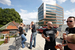 New office buildings and oldtimer event in front of Hafenbahnhof, corner of Elbstrasse and Kaistrasse, Altona, Hamburg, Germany