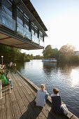 Alster Tourism pier, Muehlenkamp, cafe and restaurant Fiedlers, Hamburg, Germany