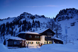 Bodenschneidhaus alpine hut, illuminated at night, in front of Bodenschneid, Bodenschneid, lake Schliersee, Bavarian Alps, Upper Bavaria, Bavaria, Germany