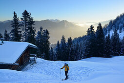 Frau auf Skitour steigt an Almhütte vorbei zu Blankenstein auf, Bayerische Alpen, Oberbayern, Bayern, Deutschland