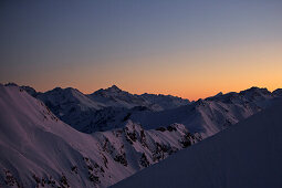 Snow-covered mountain scenery in twilight, Thaneller, Lechtal Alps, Tyrol, Austria