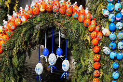 Easter decorations on the fountain of the former Ebrach monastery, Upper Franconia, Bavaria, Germany