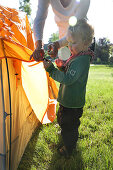 Mutter und Sohn (2 Jahre) bauen Zelt auf, Wesenberg, Mecklenburg-Vorpommern, Deutschland