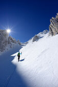 Female backcountry skier ascending through snow-covered cirque at Monte Sirente, Valle Lupara, Abruzzo, Italy