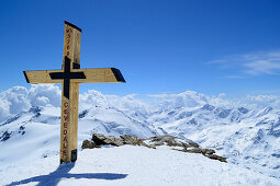 Summit of Cevedale with cross, view to Monte Vioz and Palon de la Mare, Cevedale, Ortler range, South Tyrol, Italy