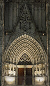 Illuminated portal of Barcelona cathedral, La Catedral de la Santa Creu i Santa Eulalia, Gothic architecture, Barri Gotic, Barcelona, Catalonia, Spain