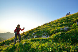 Frau steigt über eine Wiese zur Kampenwand auf, Chiemgauer Alpen, Chiemgau, Oberbayern, Bayern, Deutschland